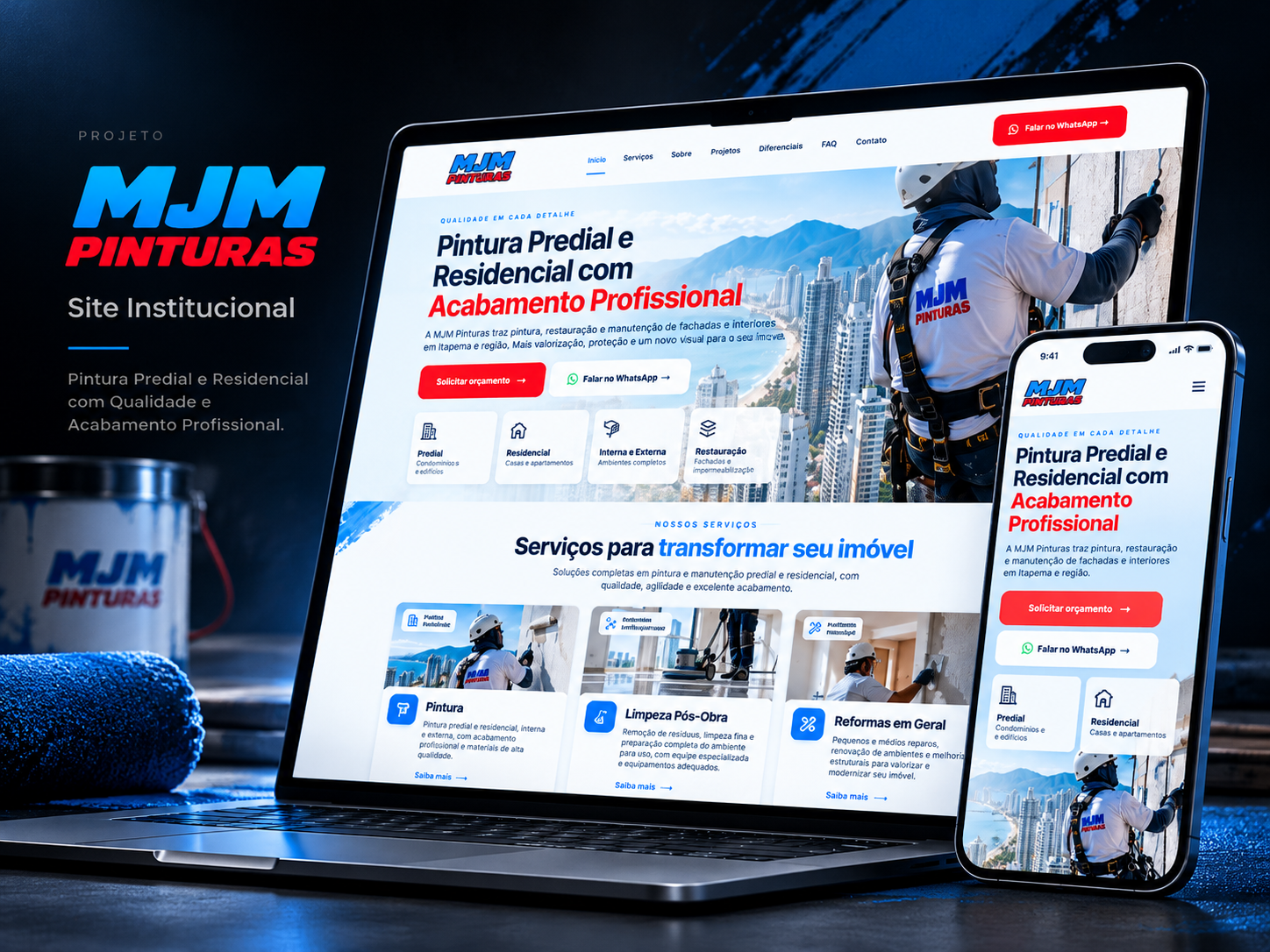 Site institucional da MJM Pinturas exibido em notebook e celular, com o título Pintura Predial e Residencial com Acabamento Profissional.