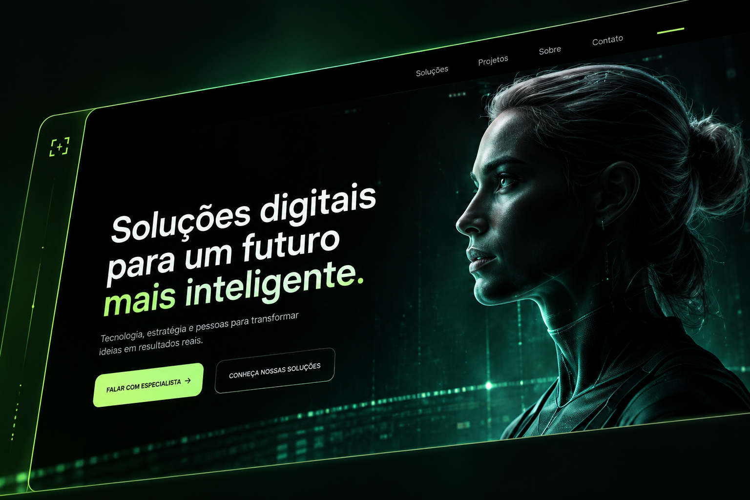 Prévia de site de tecnologia em verde e preto, com o título Soluções digitais para um futuro mais inteligente.